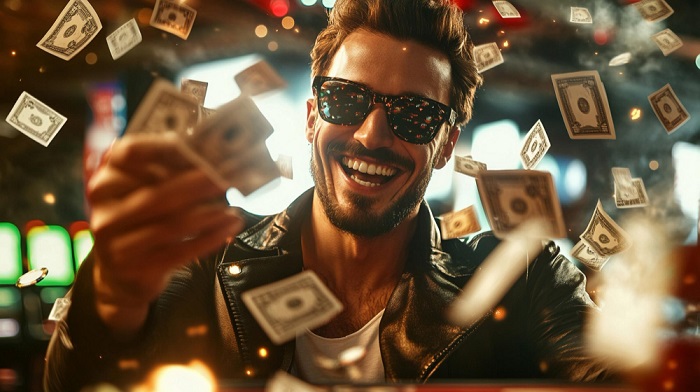 Money flying around a smiling man at the casino